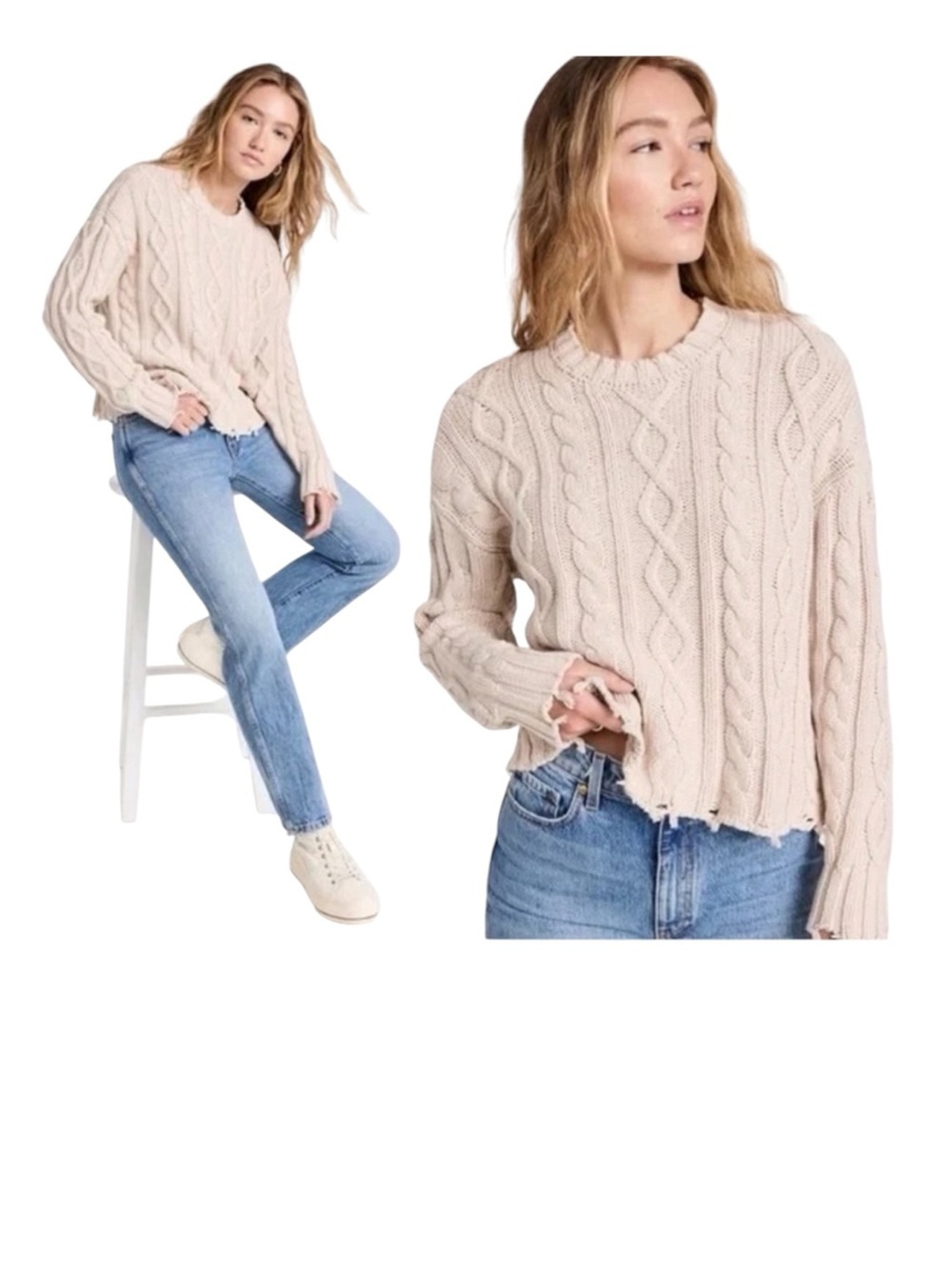 Pistola Eva Crewneck Cable Knit fisherman Tan Sweater Distressed Hem L